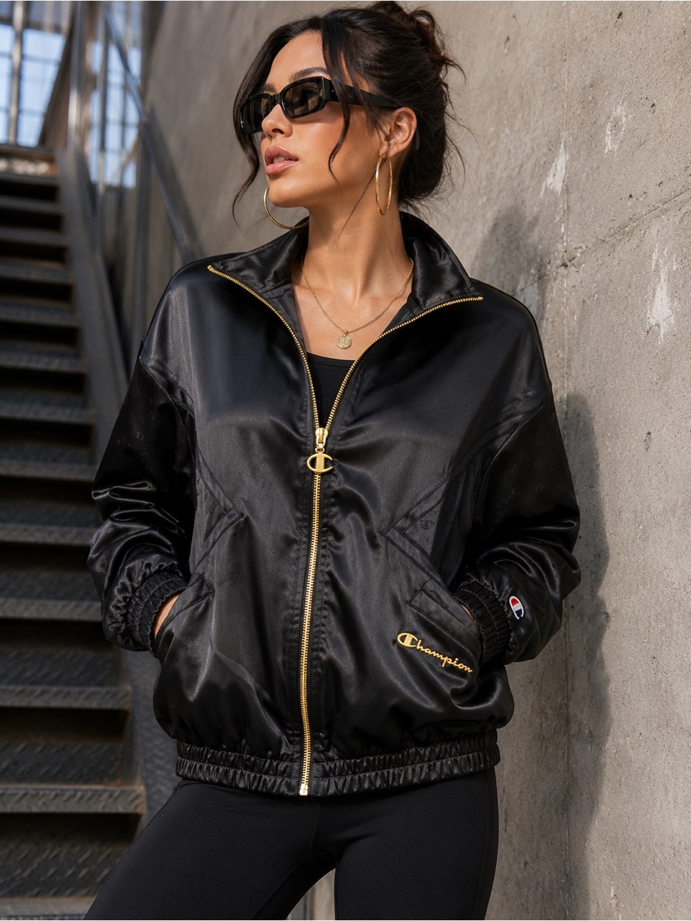 Champion Satin Bomber Jacket Black Gold Retro Y2K Womens M
